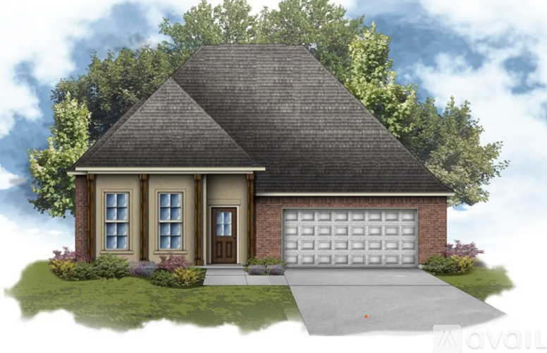 A house with a brown roof and a garage door.