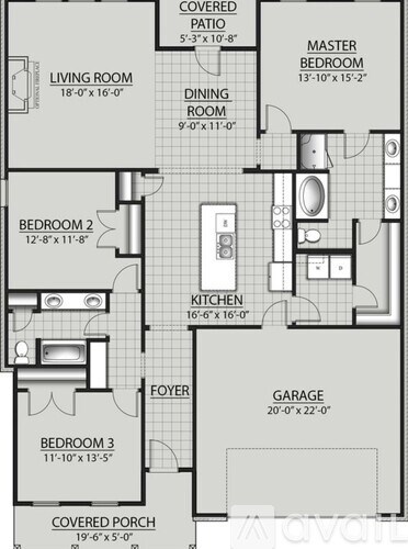 A black and white image of a house floor plan with a living room, two bedrooms, a kitchen, a dining room, a master bedroom, a foyer, a garage, and a covered porch.