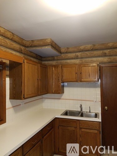 A kitchen with wooden cabinets and a sink.