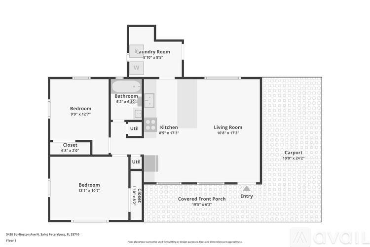 A floor plan of a two bedroom apartment with a living room and a kitchen.