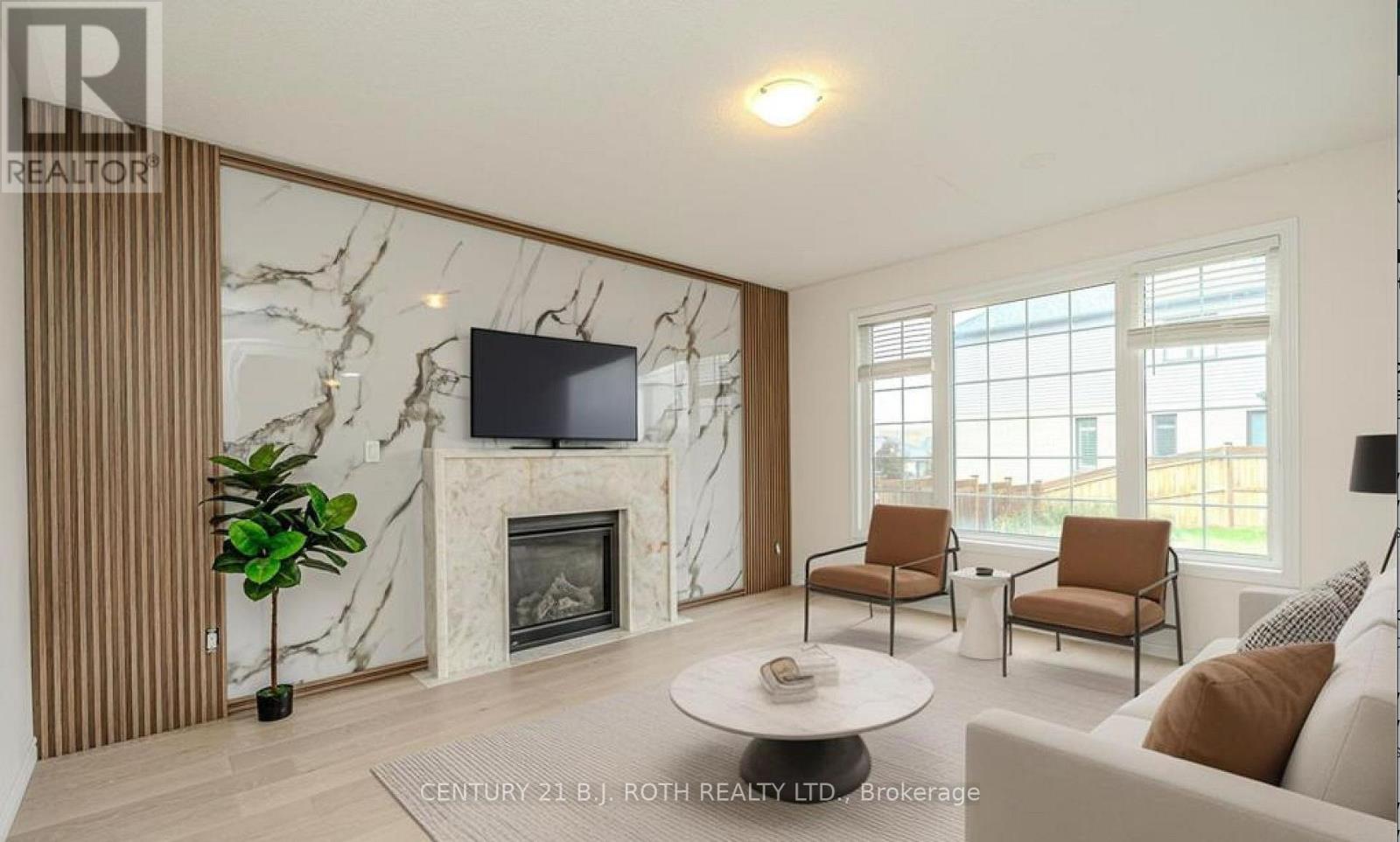 A living room with a fireplace and a television.