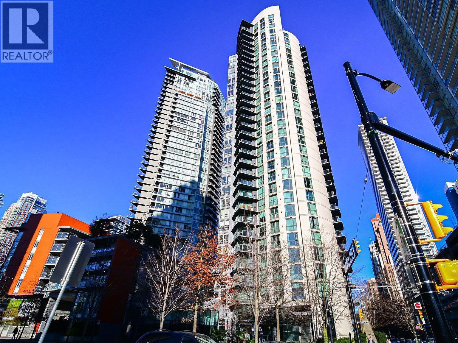 A cityscape with tall buildings and a clear blue sky.
