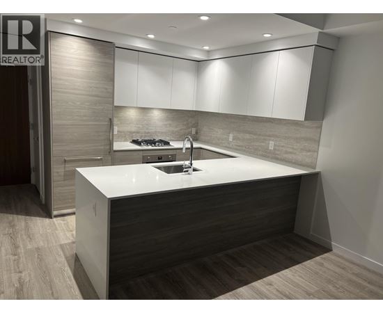 A modern kitchen with a white countertop and a sink.