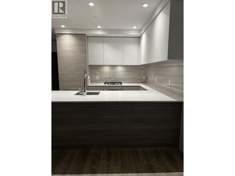 A modern kitchen with a sink and a counter.