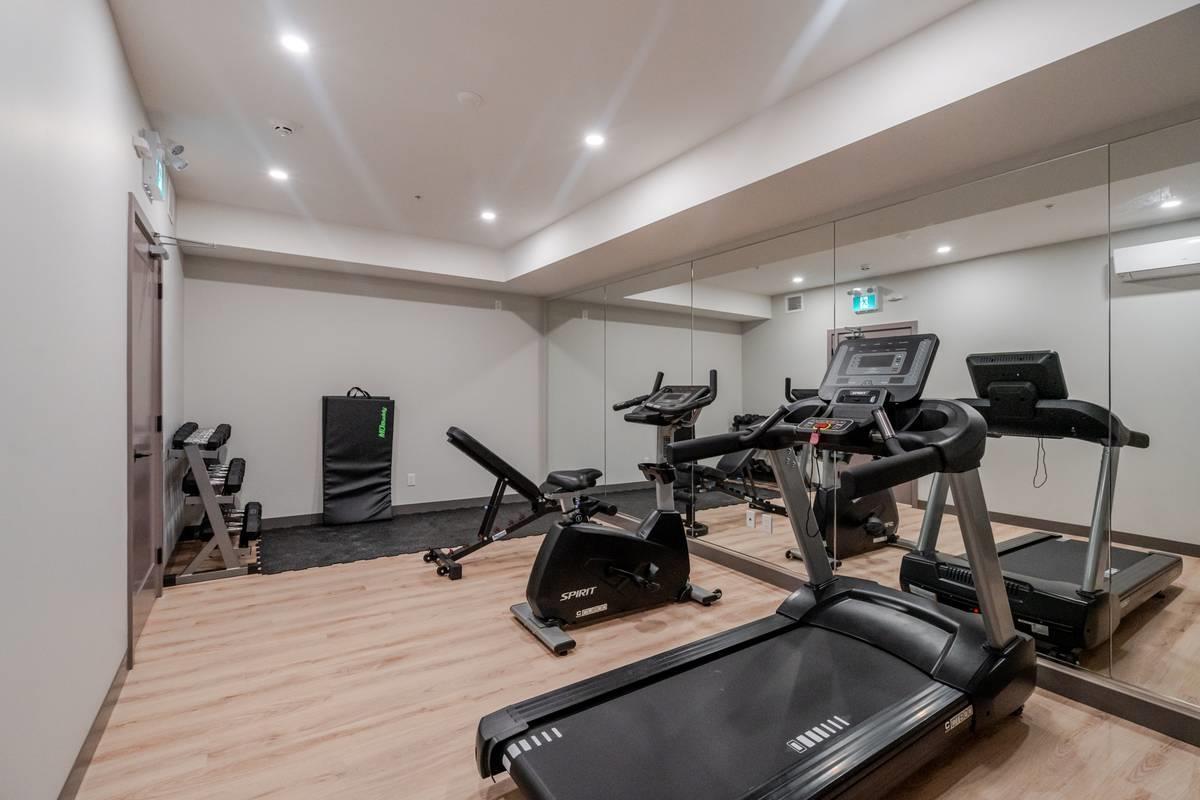 A gym with treadmills and exercise equipment.