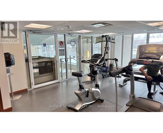 A gym with a treadmill, weights, and a television.