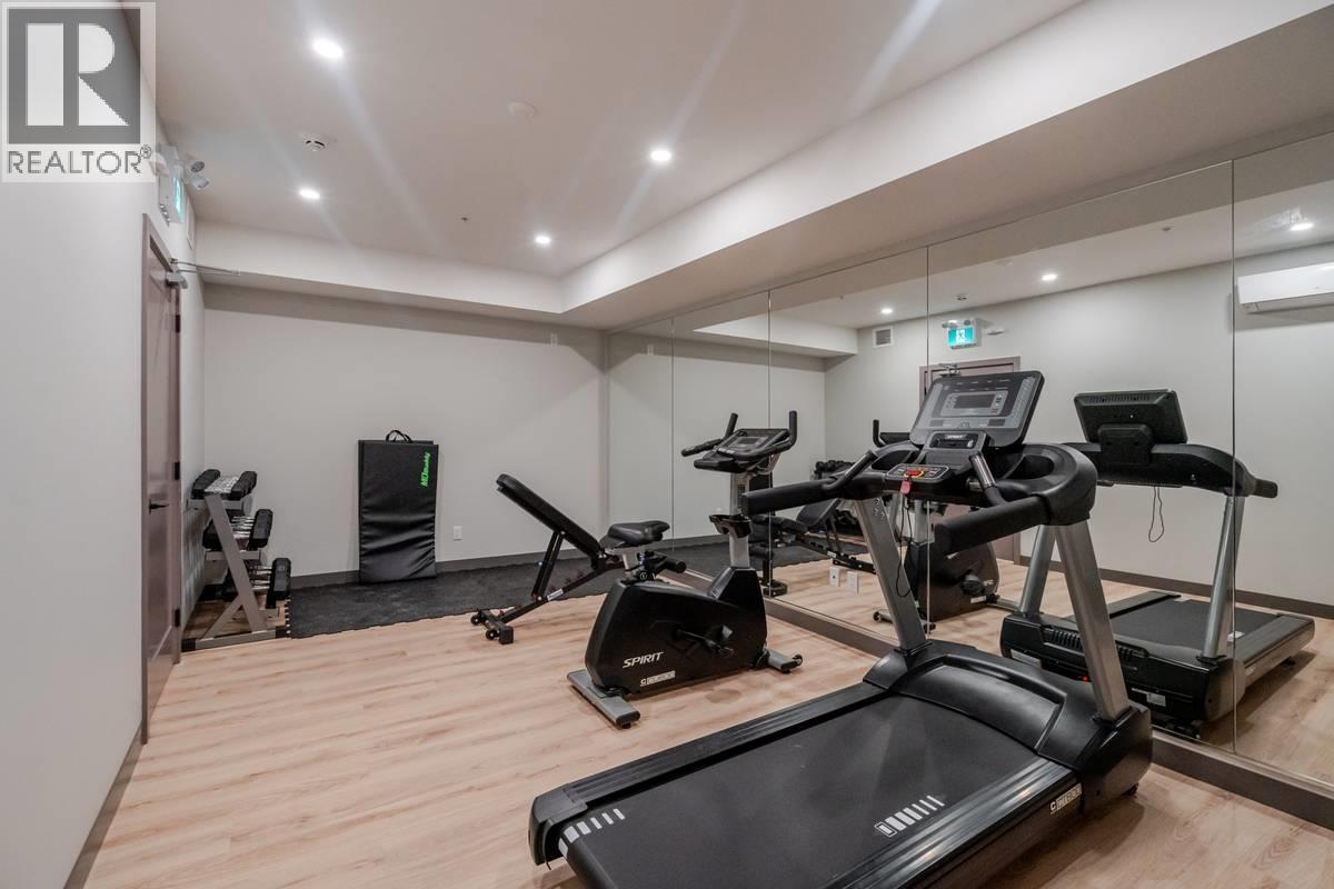 A gym with treadmills, exercise bikes, and weights.