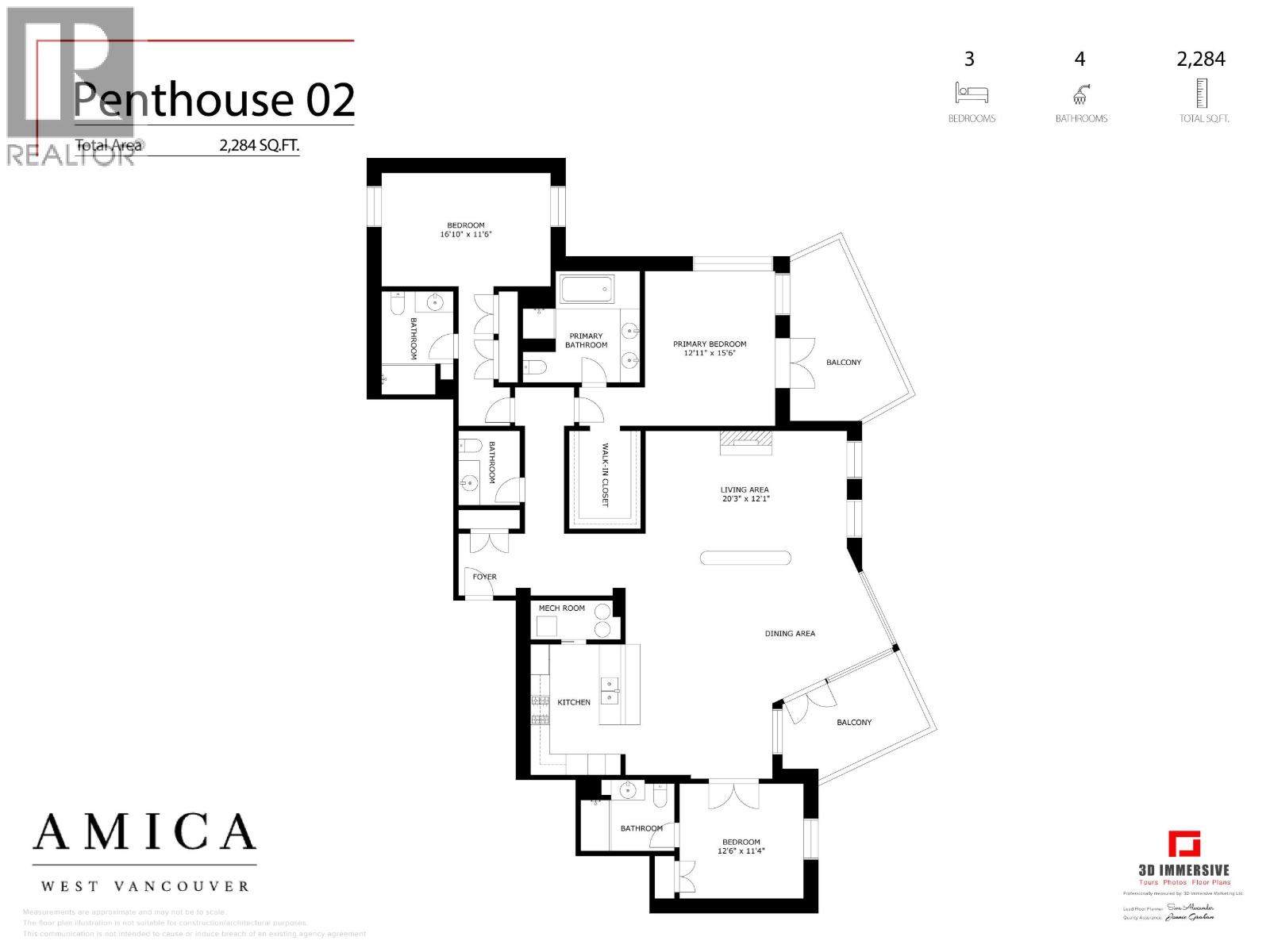 A floor plan for a three bedroom apartment.