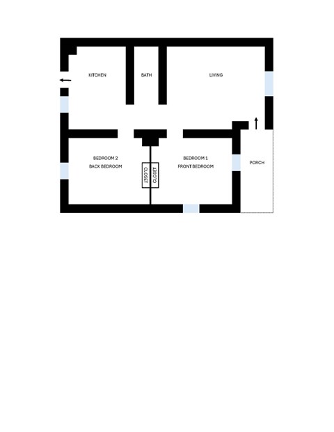 A floor plan of a house with a living room, two bedrooms, a bathroom, a kitchen, and a porch.