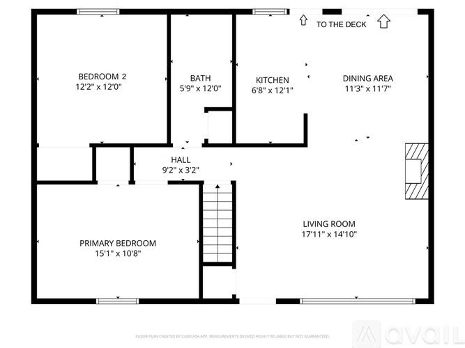 A floor plan of a house with a living room, two bedrooms, a kitchen, a dining area, and a bathroom.
