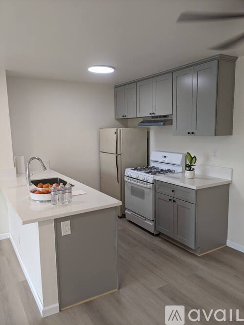 A kitchen with a refrigerator, stove, and countertop.