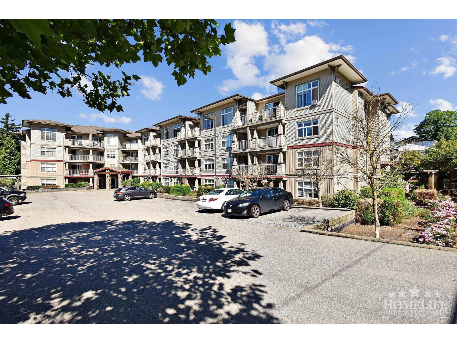 A sunny day at the apartment complex with cars parked in the lot.