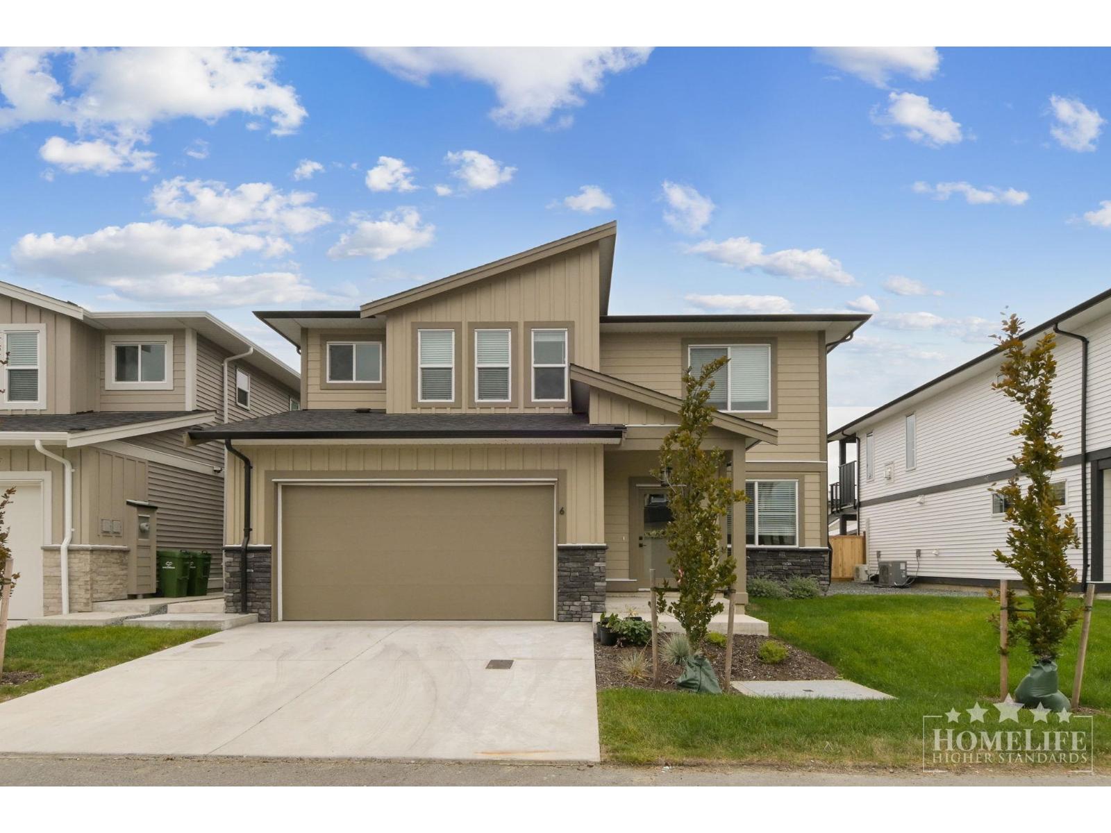 A modern two-story house with a garage is showcased in the image.