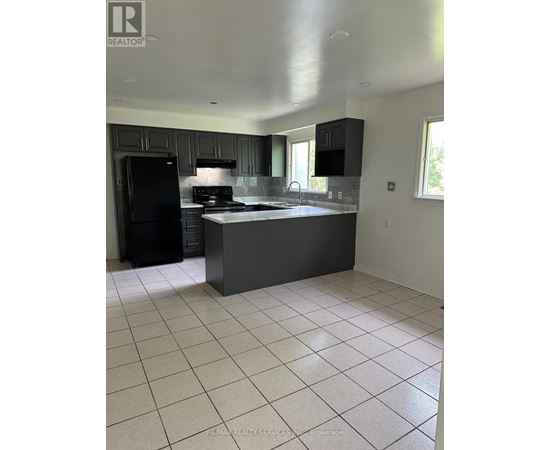 A kitchen with black cabinets and a black fridge.