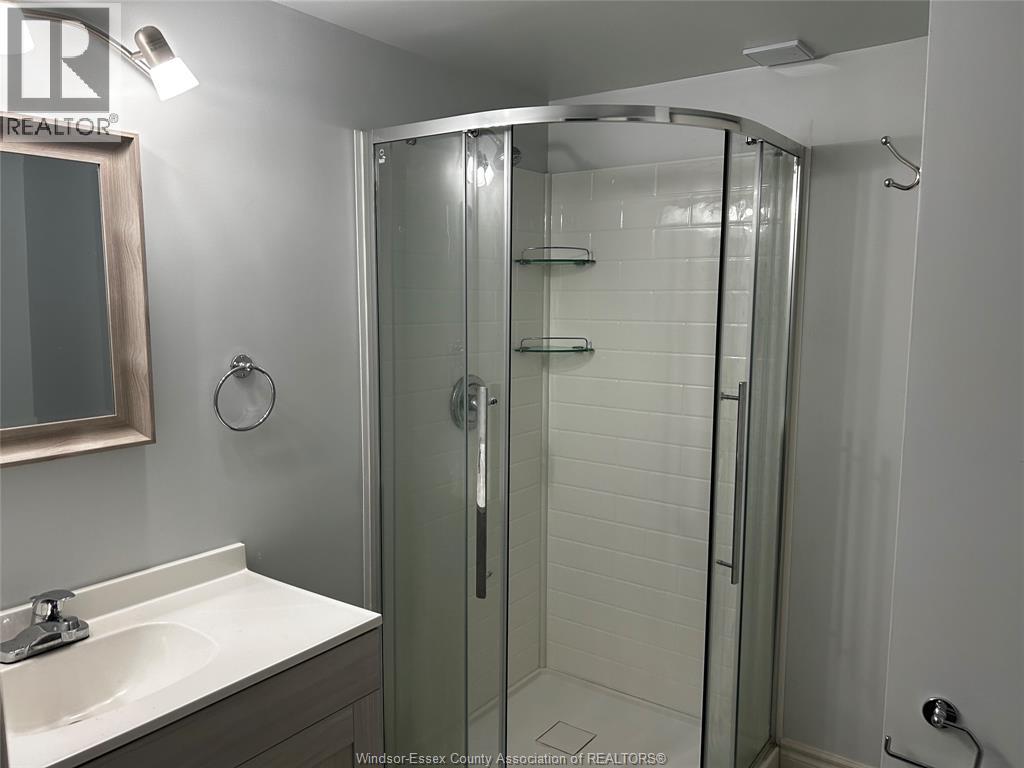 A bathroom with a sink, mirror, and shower.