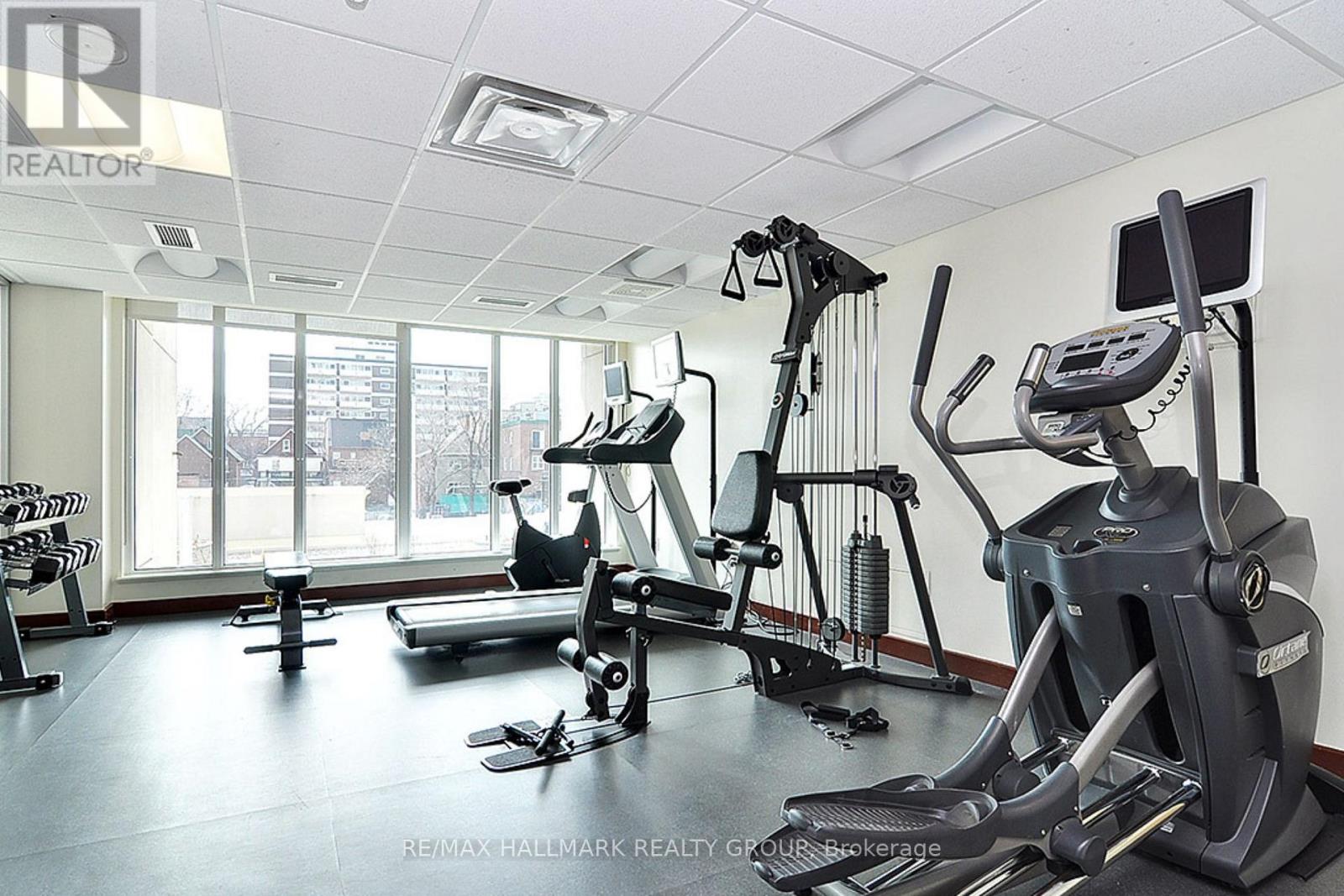 A gym with a variety of equipment including treadmills, stationary bikes, and weight machines.