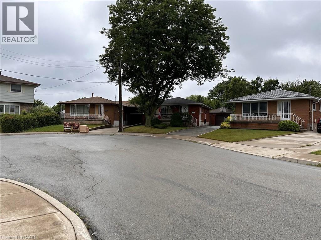 A street view of a residential area with houses on both sides and a tree in the middle.