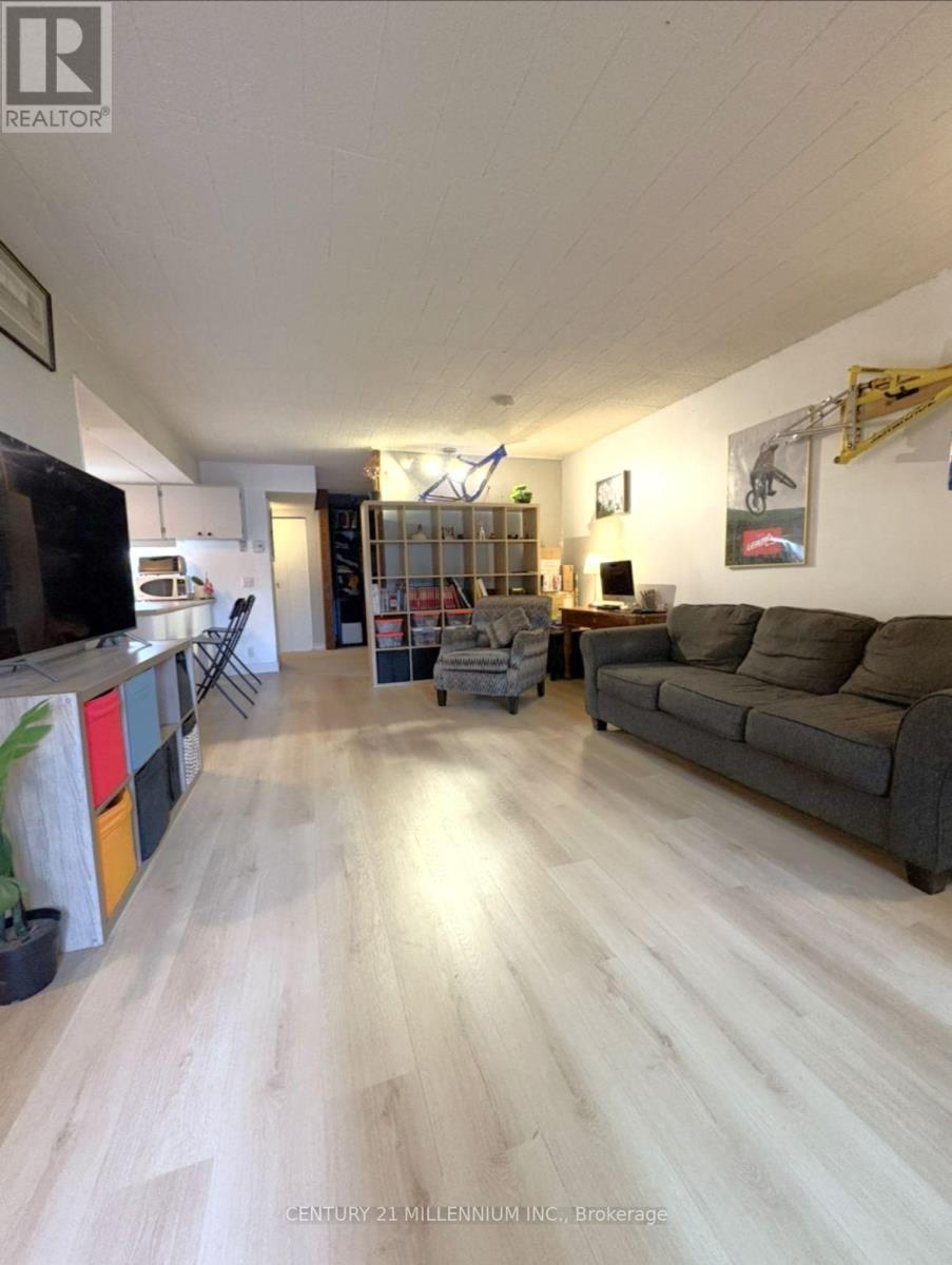 A living room with a grey couch and a television.