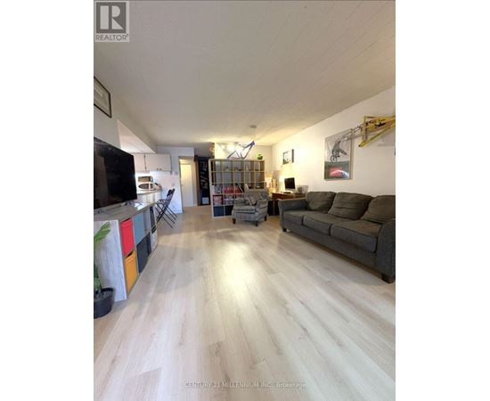 A living room with a grey couch and a television.