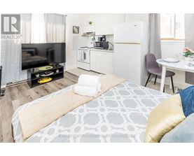 A bedroom with a bed, a TV, a kitchenette, and a dining area.
