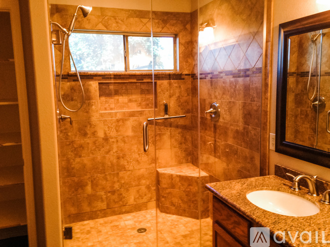A bathroom with a walk-in shower and a sink.