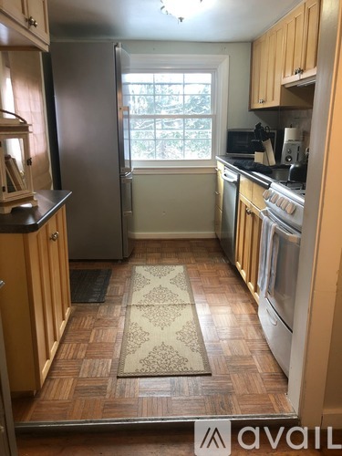 A kitchen with wooden cabinets and a rug on the floor.