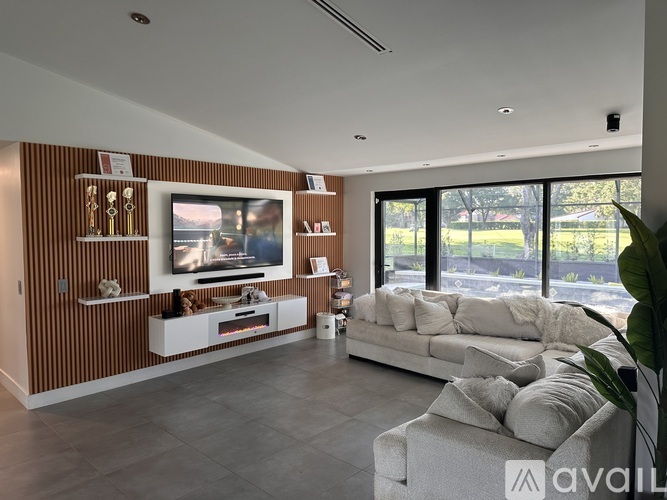 A living room with a television, a couch, and a plant.