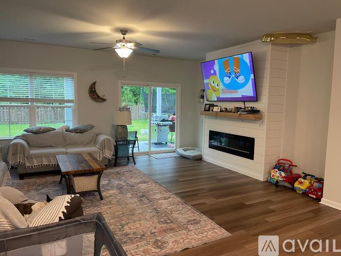 A living room with a television, a couch, a fireplace, and a rug.