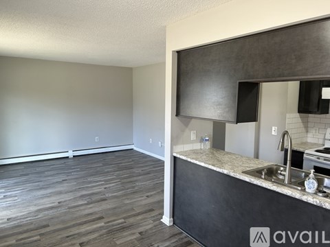 A kitchen area with a sink and a countertop.