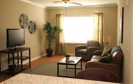 a living room with a couch and a television