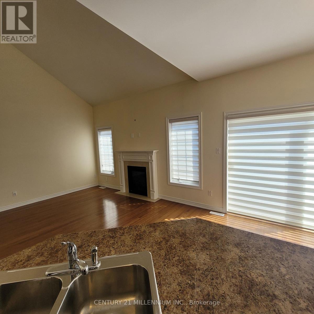 A large open room with a fireplace and a sink in the foreground.