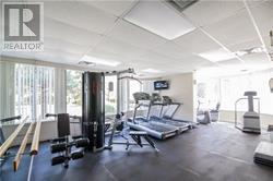 A gym with a treadmill, weights and exercise equipment.