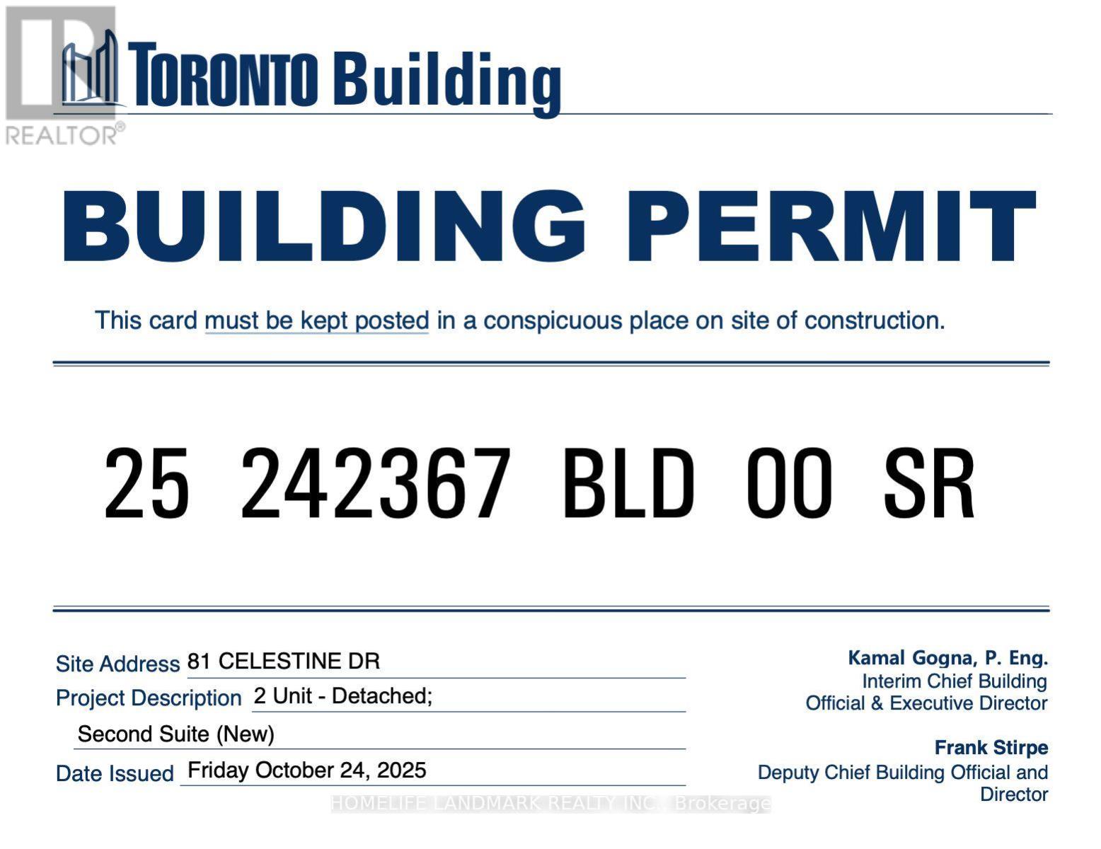 A building permit card for a new second suite at 81 CELESTINE DR.
