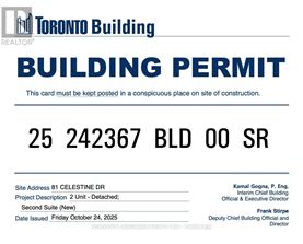 A building permit card for a new second suite at 81 CELESTINE DR.