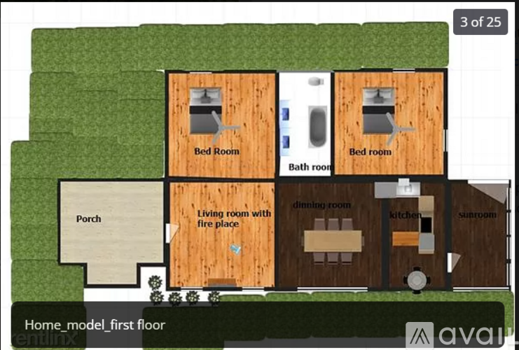 A floor plan of a home with a porch, two bedrooms, a living room with a fireplace, a dining room, a kitchen, and a sunroom.