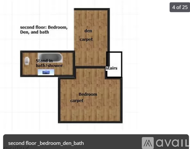 A diagram of a second floor showing a bedroom, den, and bath.