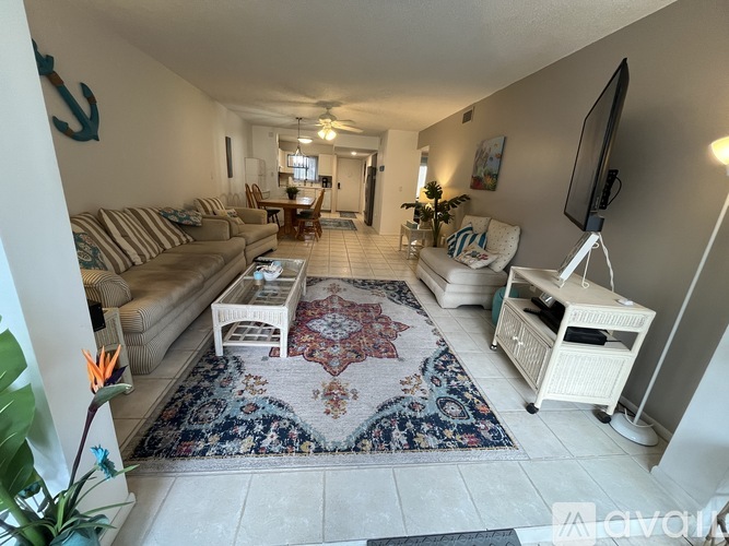 A living room with a rug, a couch, a chair, a television and a plant.