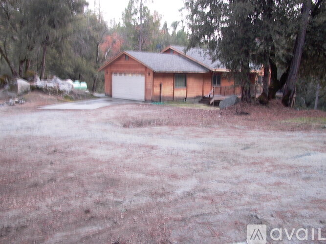 A house with a garage is surrounded by trees.