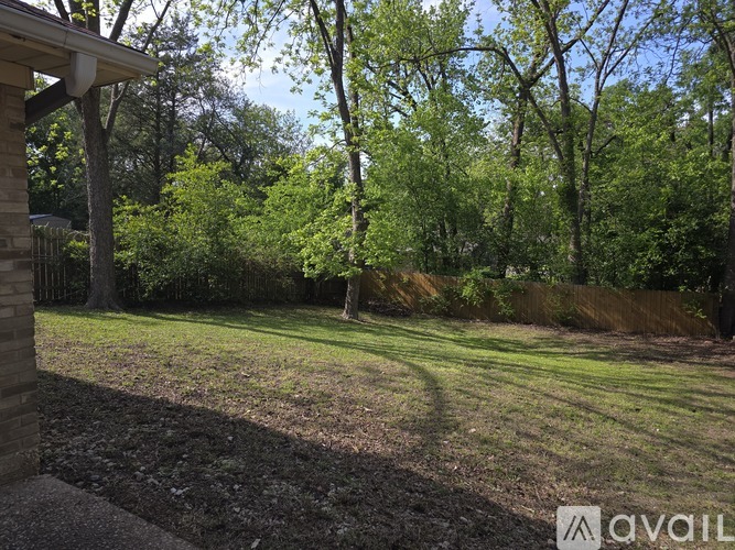 A backyard with a gravel area and trees.