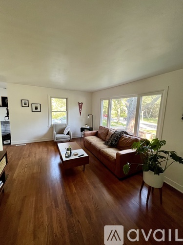 A living room with a couch, chair, and potted plant.