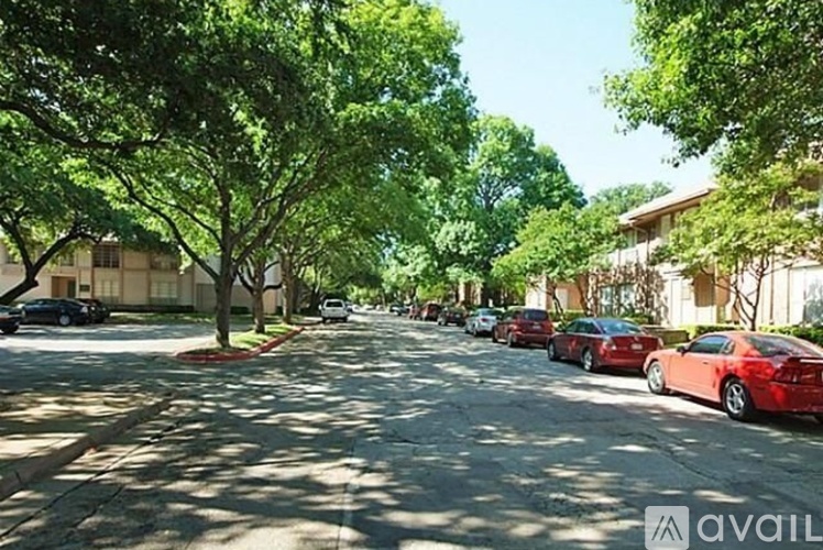 A street lined with parked cars and trees.