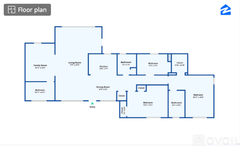 A floor plan of an apartment with a kitchen, living room, and two bedrooms.