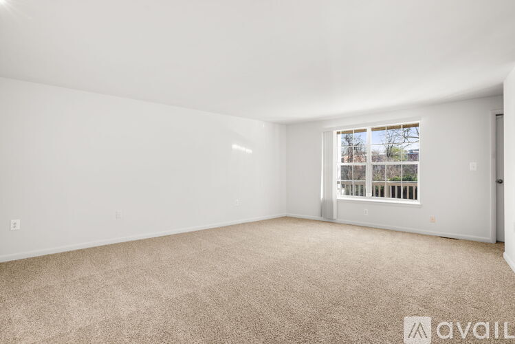 A spacious room with a carpeted floor and a window with a view of trees and a fence.