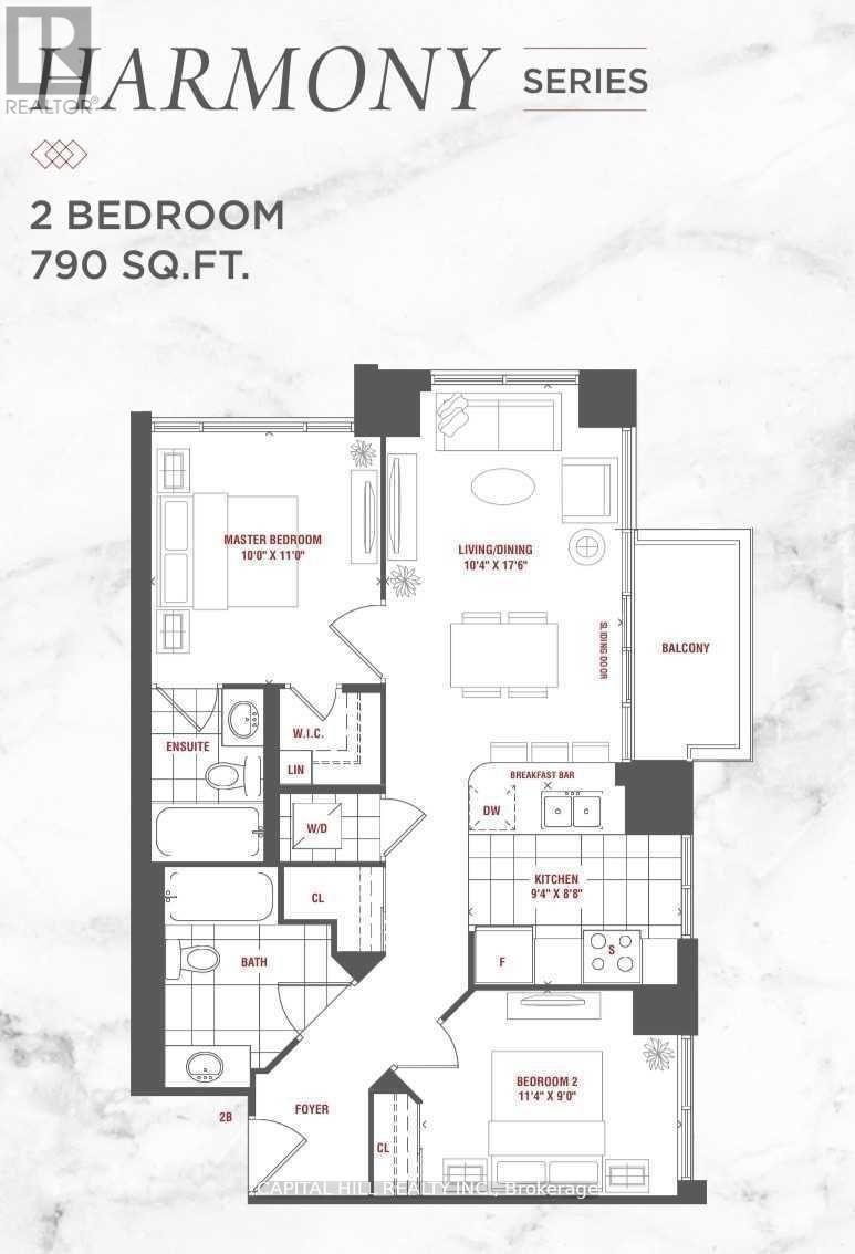 A floor plan for a 2 bedroom, 790 square foot Harmony Series apartment.