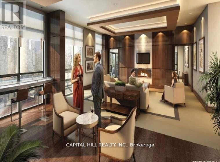 A modern living room with a couple standing in the middle.