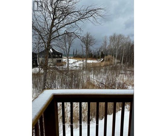 A snowy landscape with a house and bare trees.