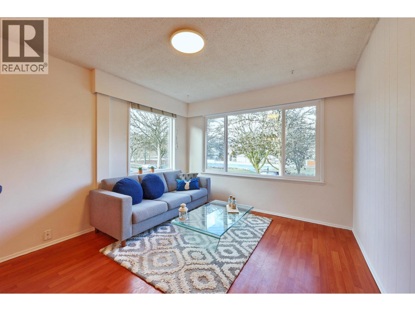A living room with a grey couch and a rug.