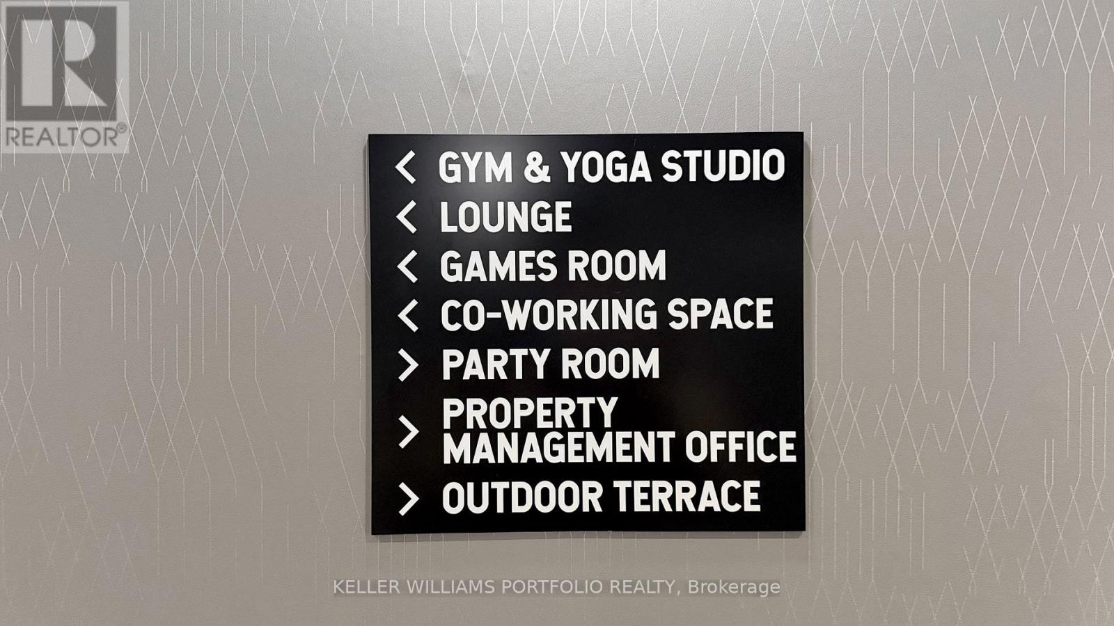 A list of amenities including a gym, lounge, and games room.
