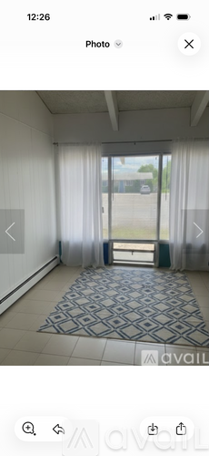 A room with a large rug and a sliding glass door.