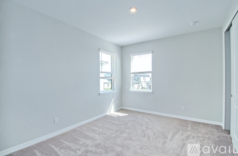 A spacious room with carpeted floor and two windows.